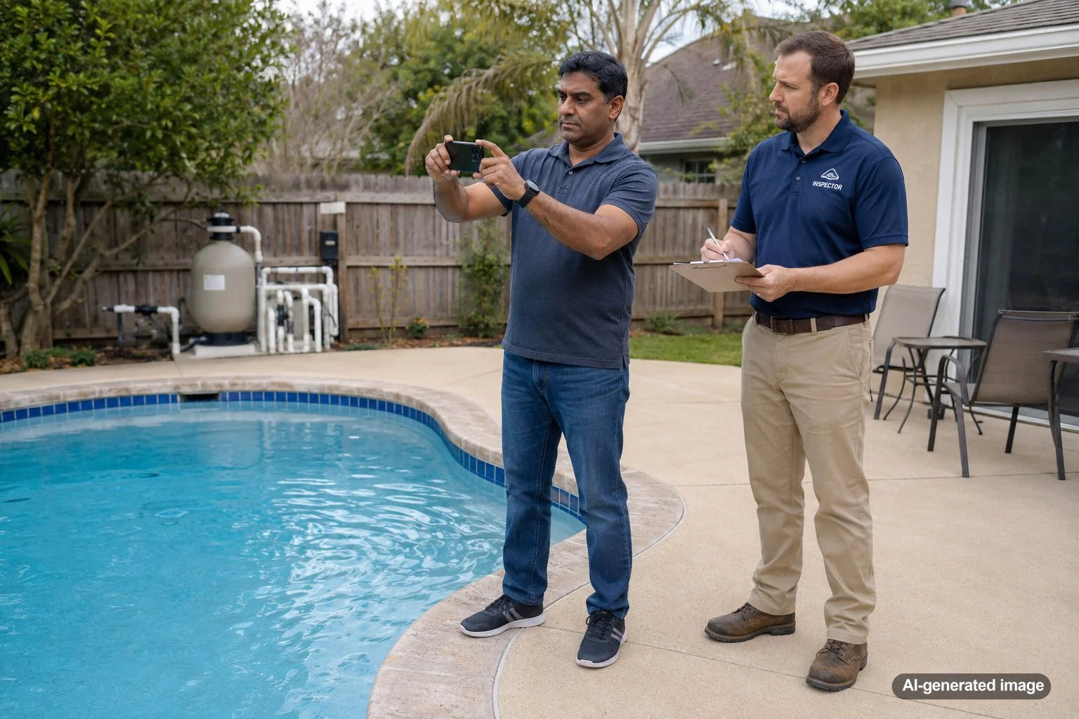 Homeowner documenting pool condition with photos before a home inspection