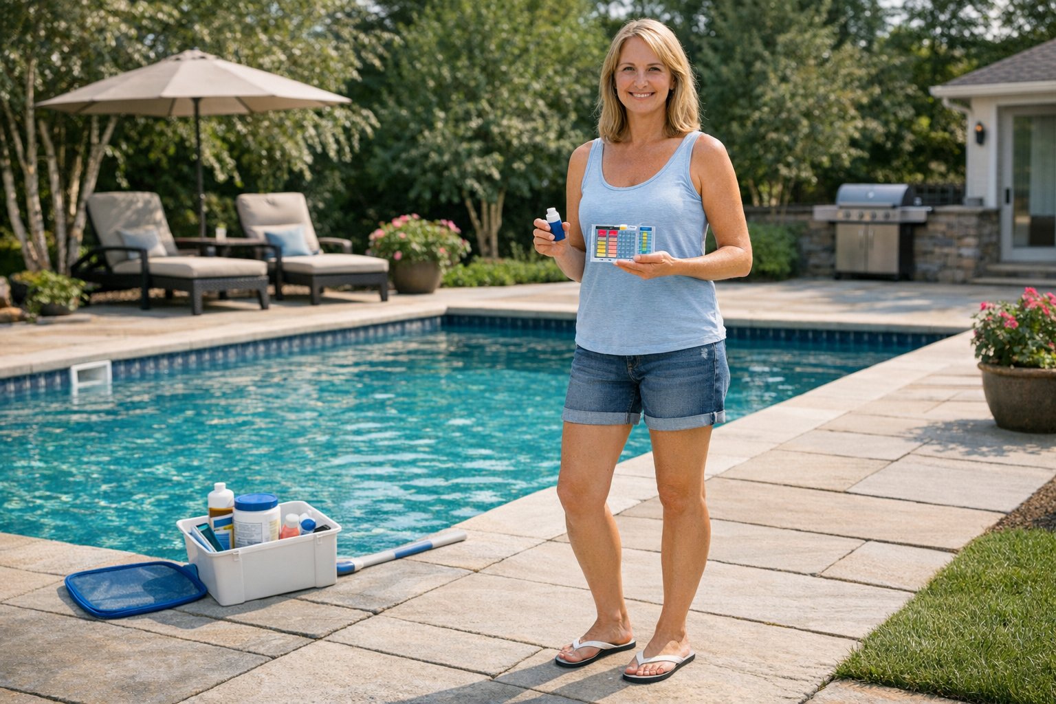 Homeowner reviewing financing options for an in-ground swimming pool project in a backyard