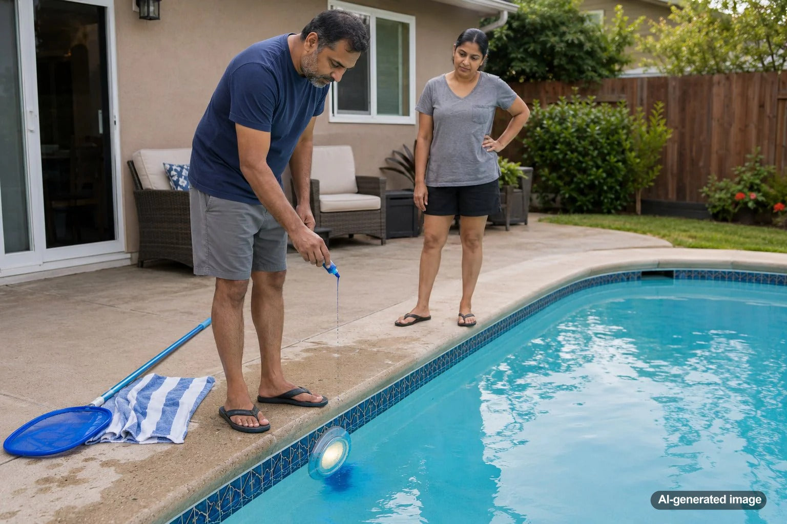Homeowner checking a swimming pool light area for possible leak clues without draining the pool