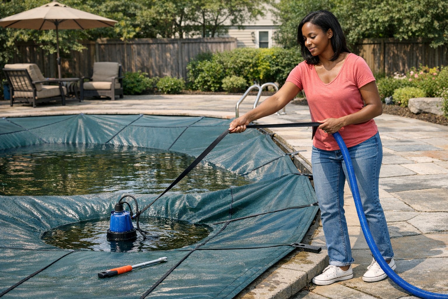 Sagging swimming pool cover with standing water and debris showing how to fix pool cover sag