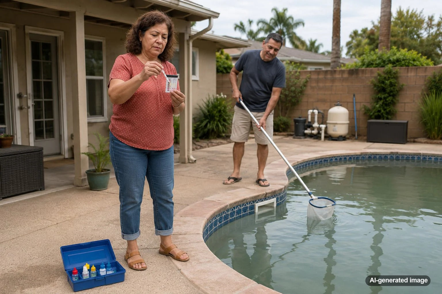Clear backyard swimming pool water with pool care tools for fixing dull or hazy water