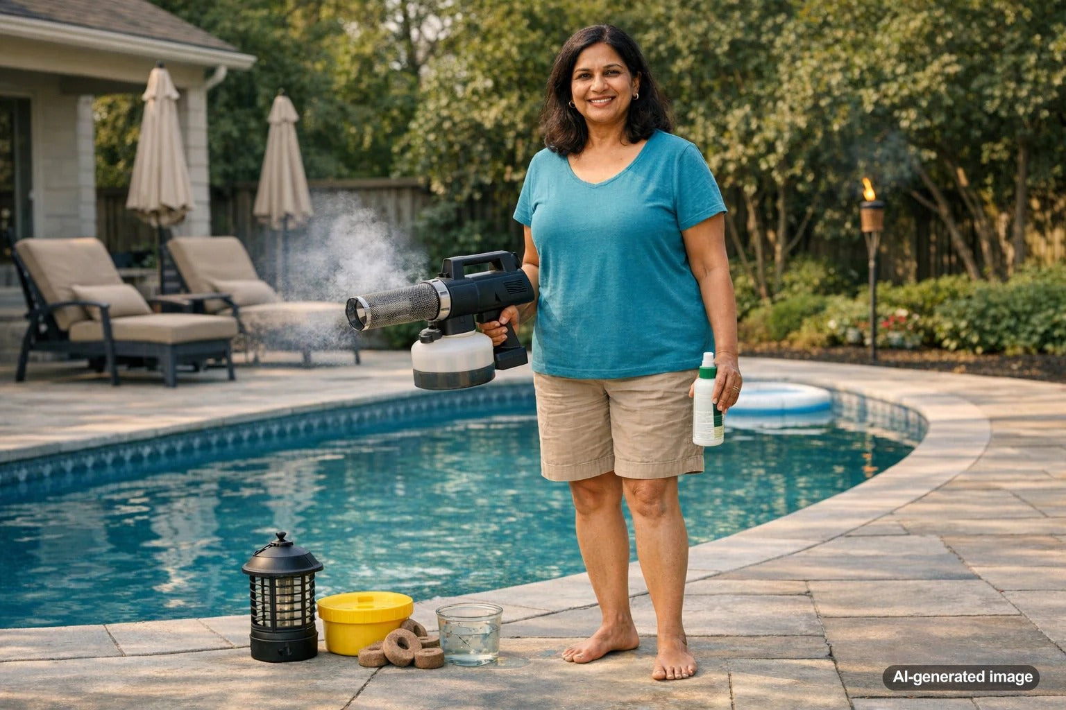 Mosquitoes around a backyard swimming pool with calm water and surrounding patio area