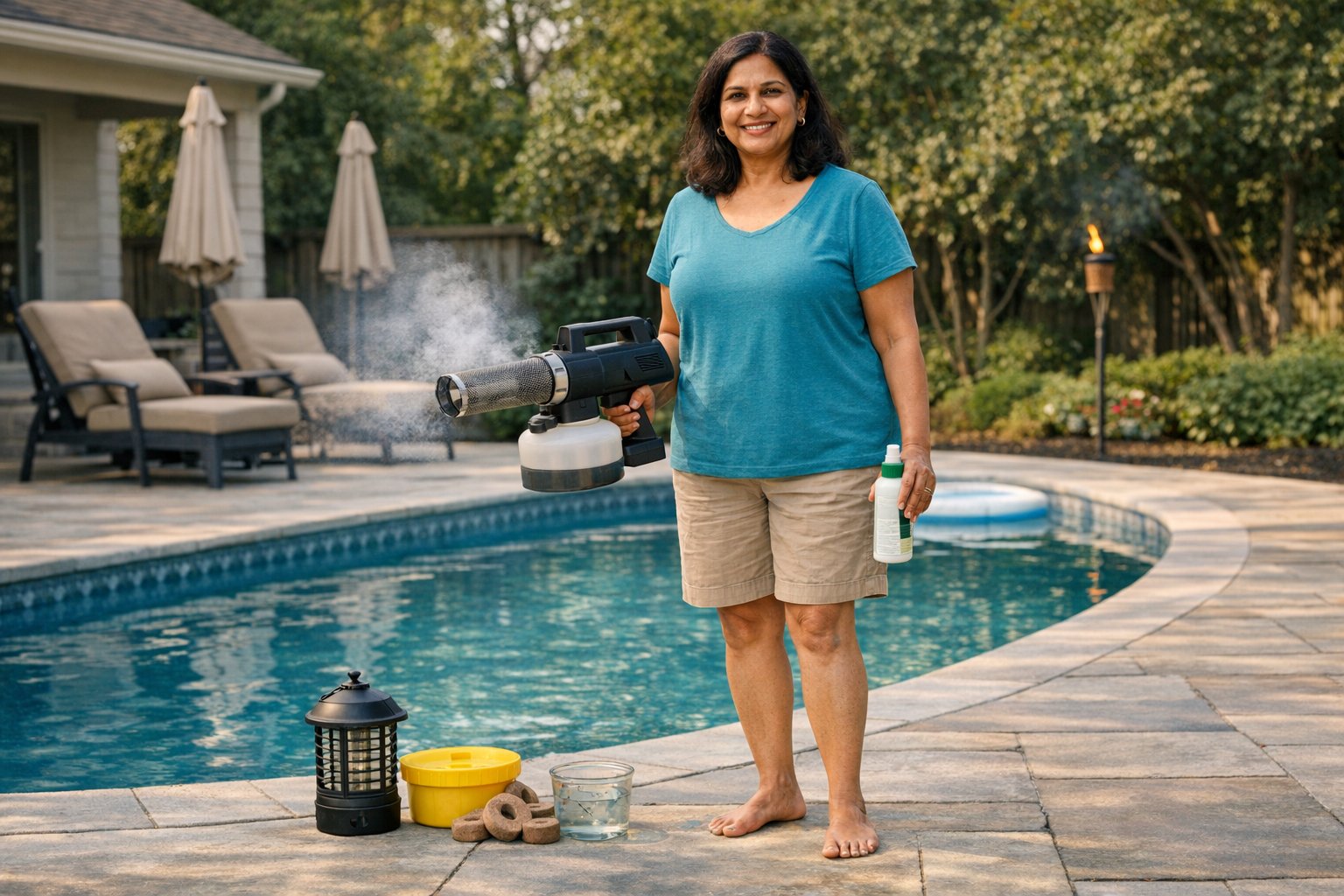 Mosquitoes around a backyard swimming pool with calm water and surrounding patio area