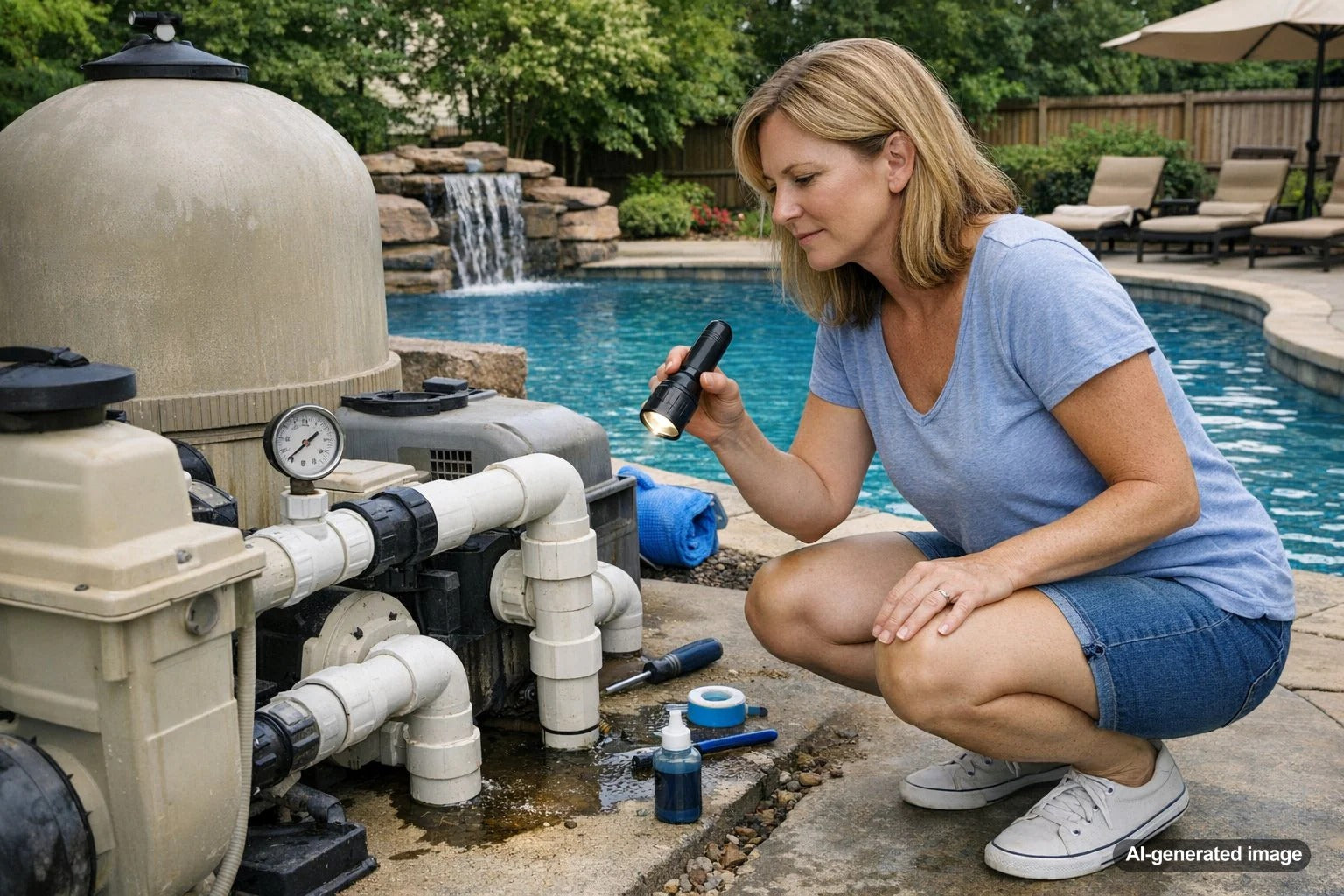Pool owner inspecting water level and equipment while checking for signs of a hidden swimming pool leak