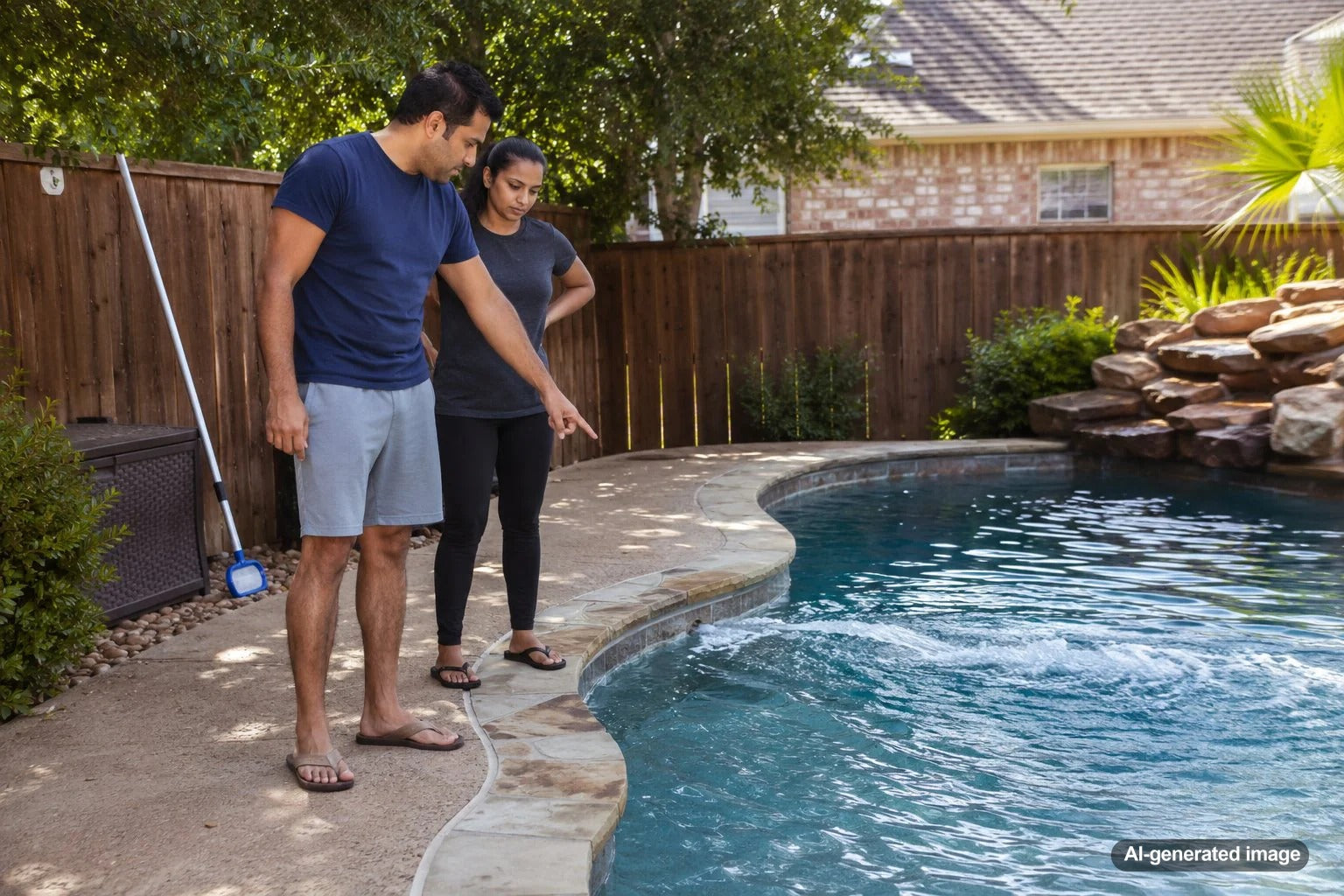 Freeform backyard swimming pool with clear water showing curved edges and circulation movement
