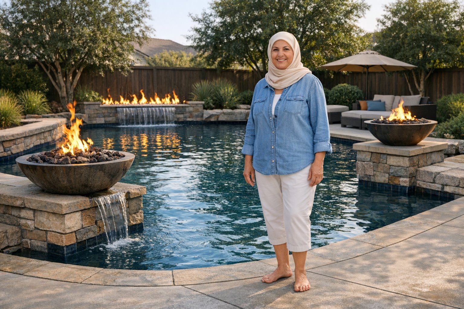 Luxury backyard pool with a safely designed fire feature integrated into the surrounding hardscape