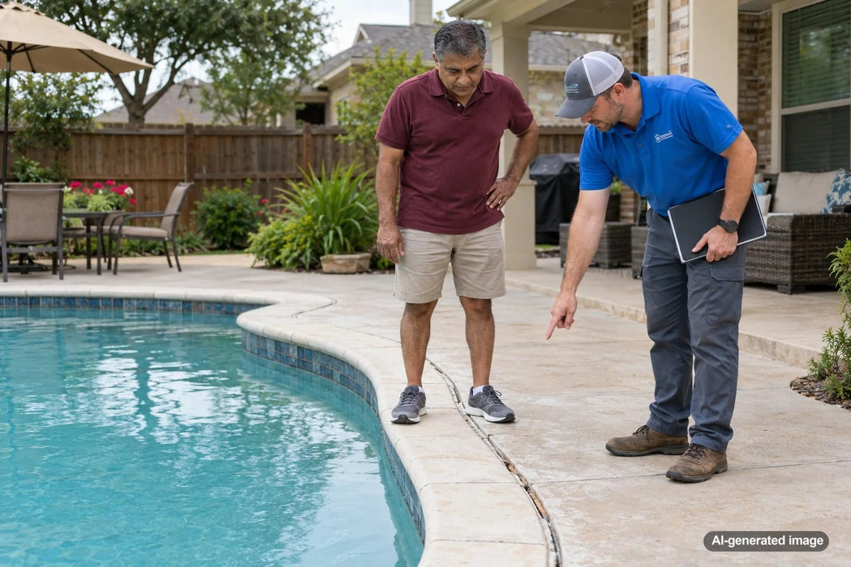 Homeowner inspecting the expansion joint between swimming pool coping and the surrounding concrete deck for water problems
