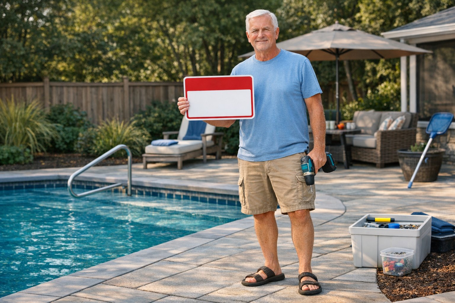 Pool safety sign mounted near a backyard swimming pool gate
