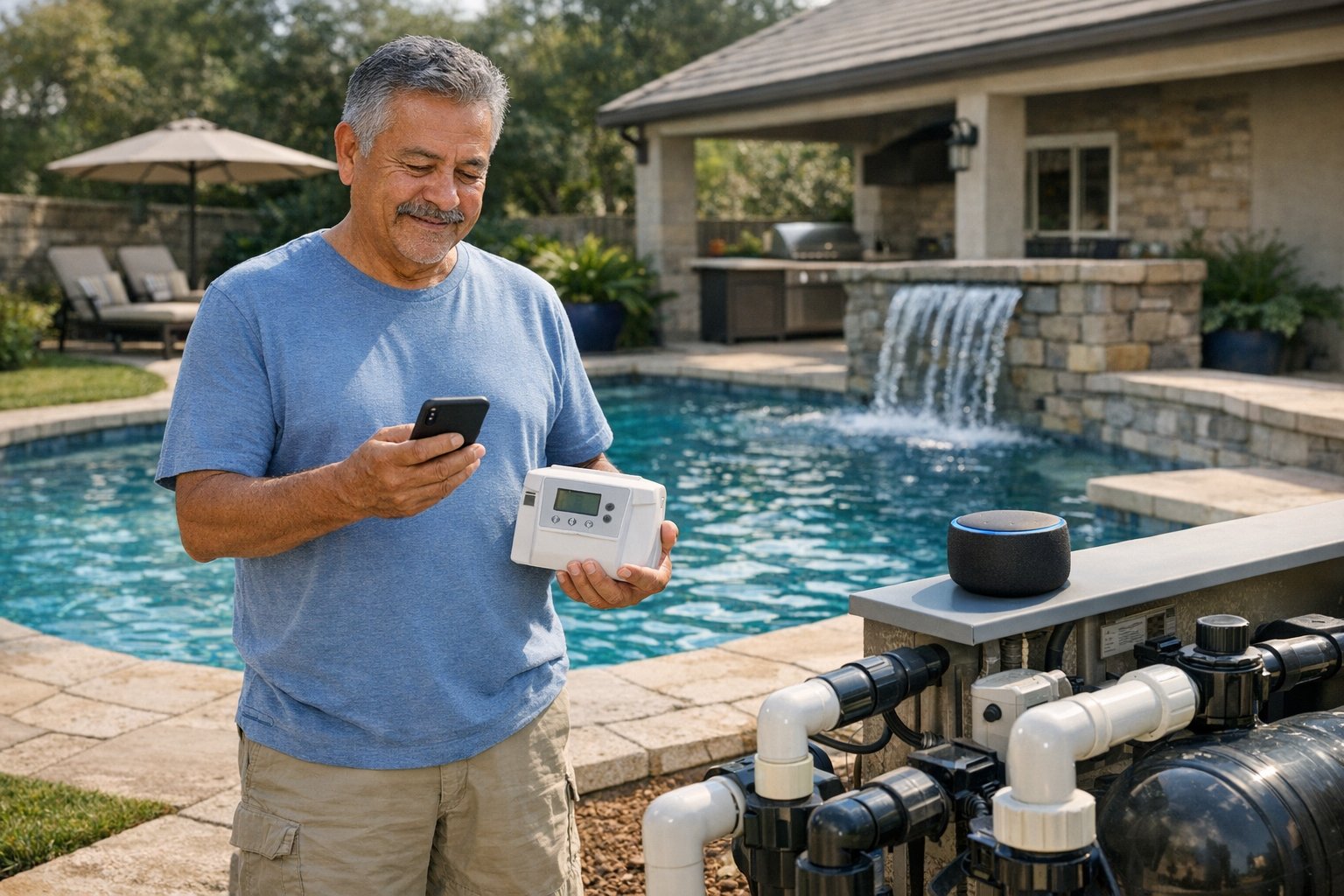 Pool automation controls connected with a smart home system for Alexa voice commands