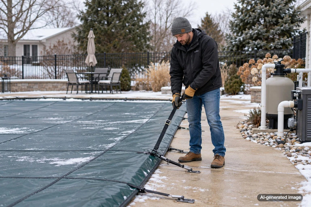 Winter pool cover secured over a swimming pool to help prevent wind from blowing it loose