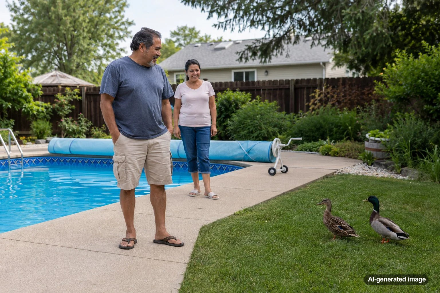 Ducks near a backyard swimming pool with humane pool-care prevention tips