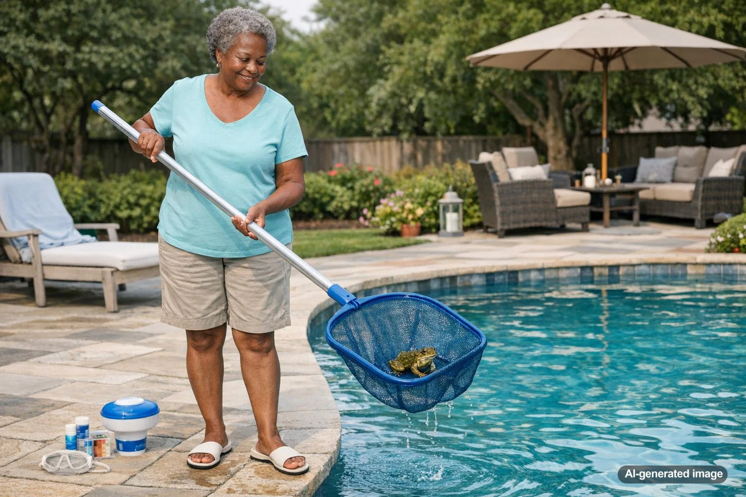 Backyard swimming pool at dusk with waterline and deck area illustrating ways to keep frogs out of a pool