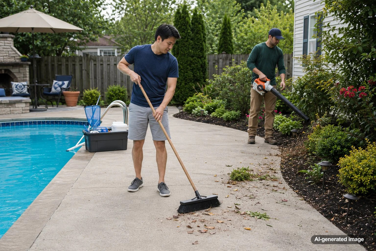 Clean backyard swimming pool deck during landscaping season with grass, plants, and patio areas kept tidy around the pool
