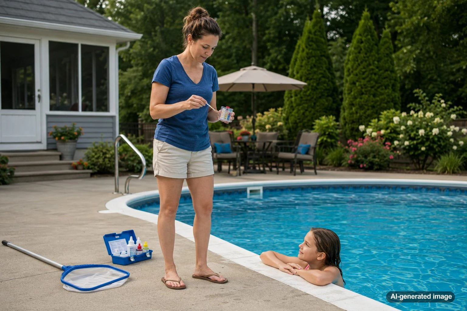 Kids and guests enjoying comfortable, clear backyard pool water on a sunny day