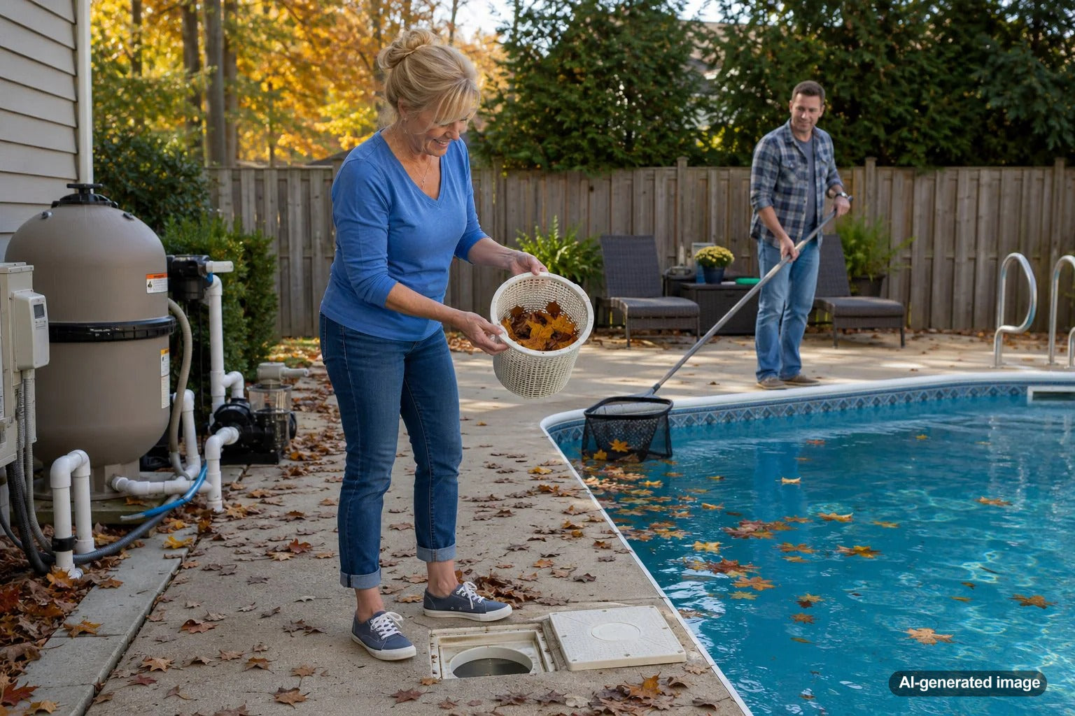 Pool skimmer collecting leaves during heavy leaf season