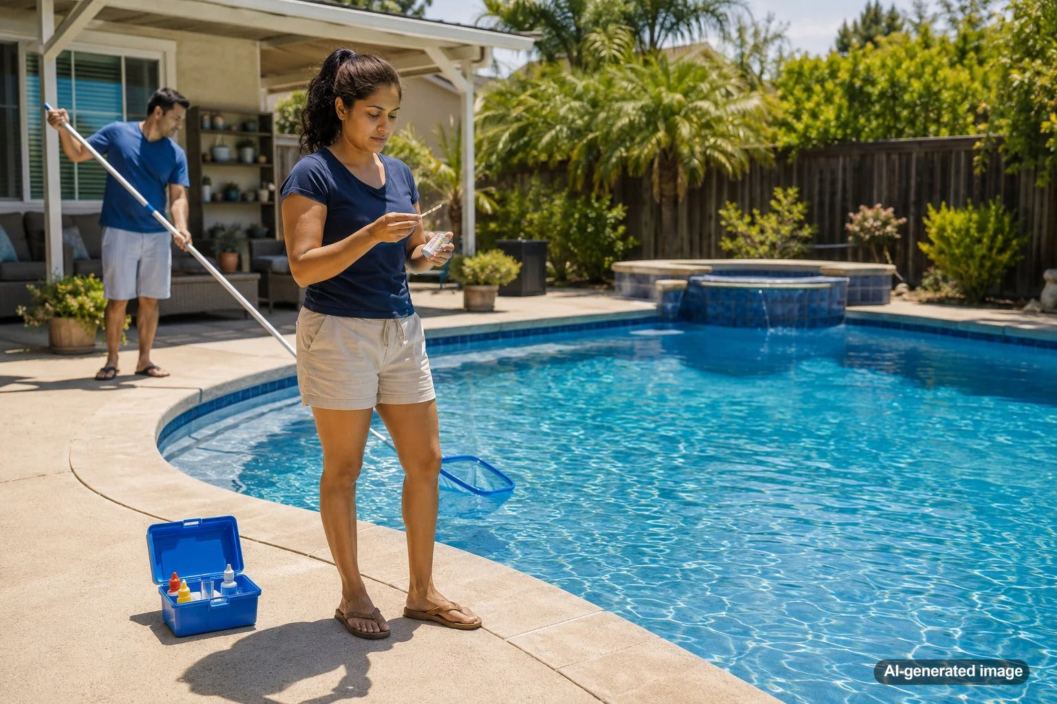 Homeowner maintaining clear backyard pool water during a prolonged summer heat wave