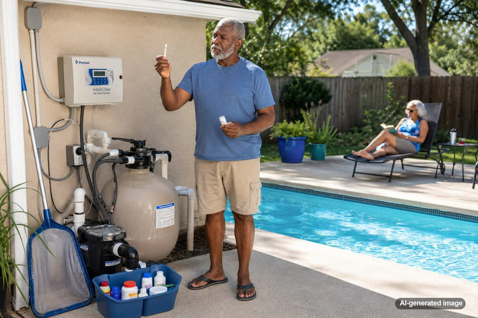 Homeowner maintaining clear saltwater pool water during peak summer weather