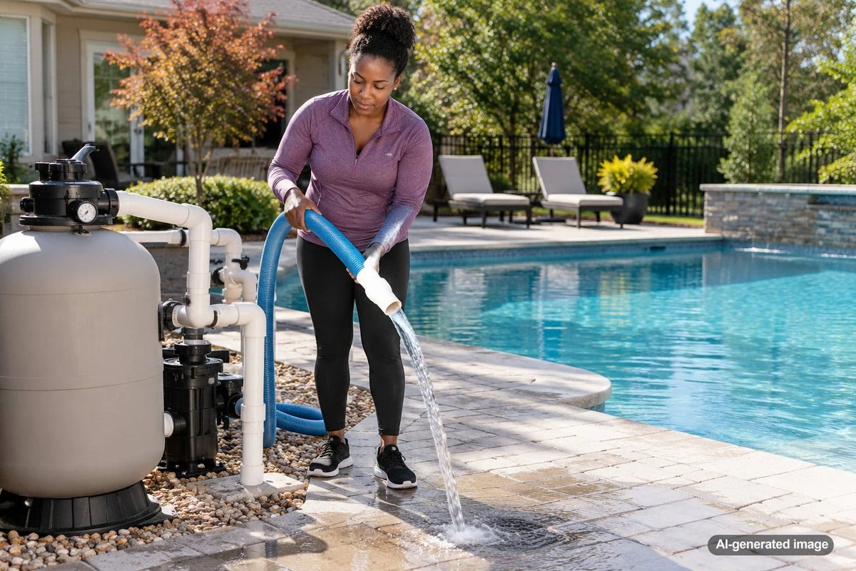 Residential swimming pool being prepared for winter with attention to clearing water from underground pool plumbing lines