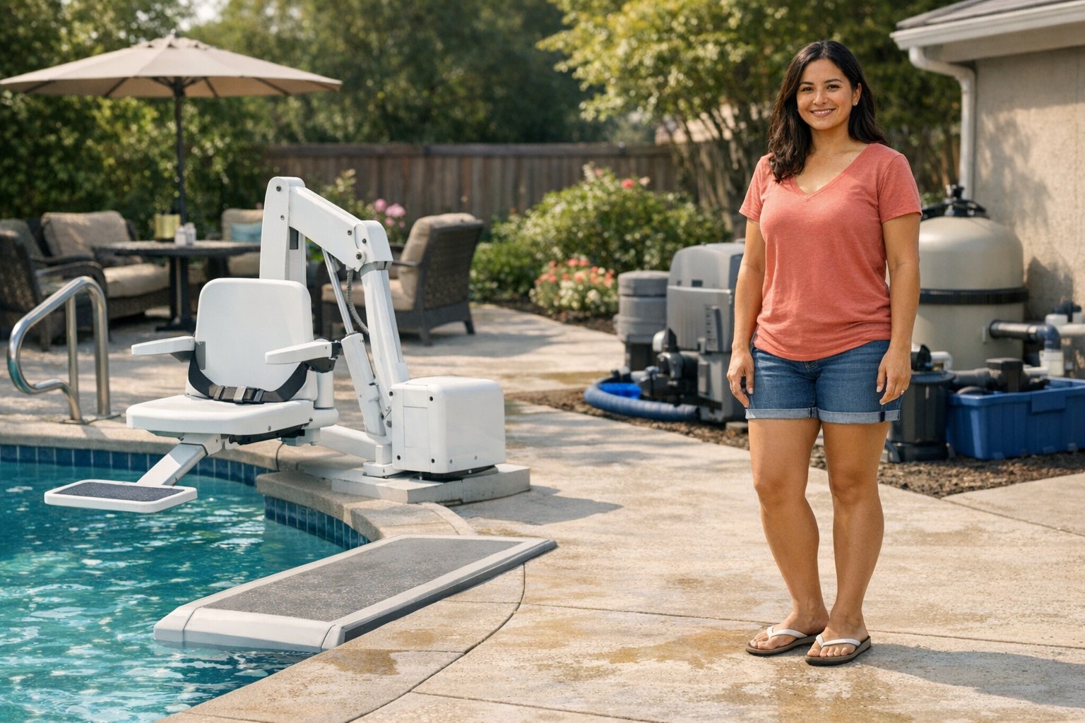 Accessible backyard swimming pool with safe entry features for family members with disabilities