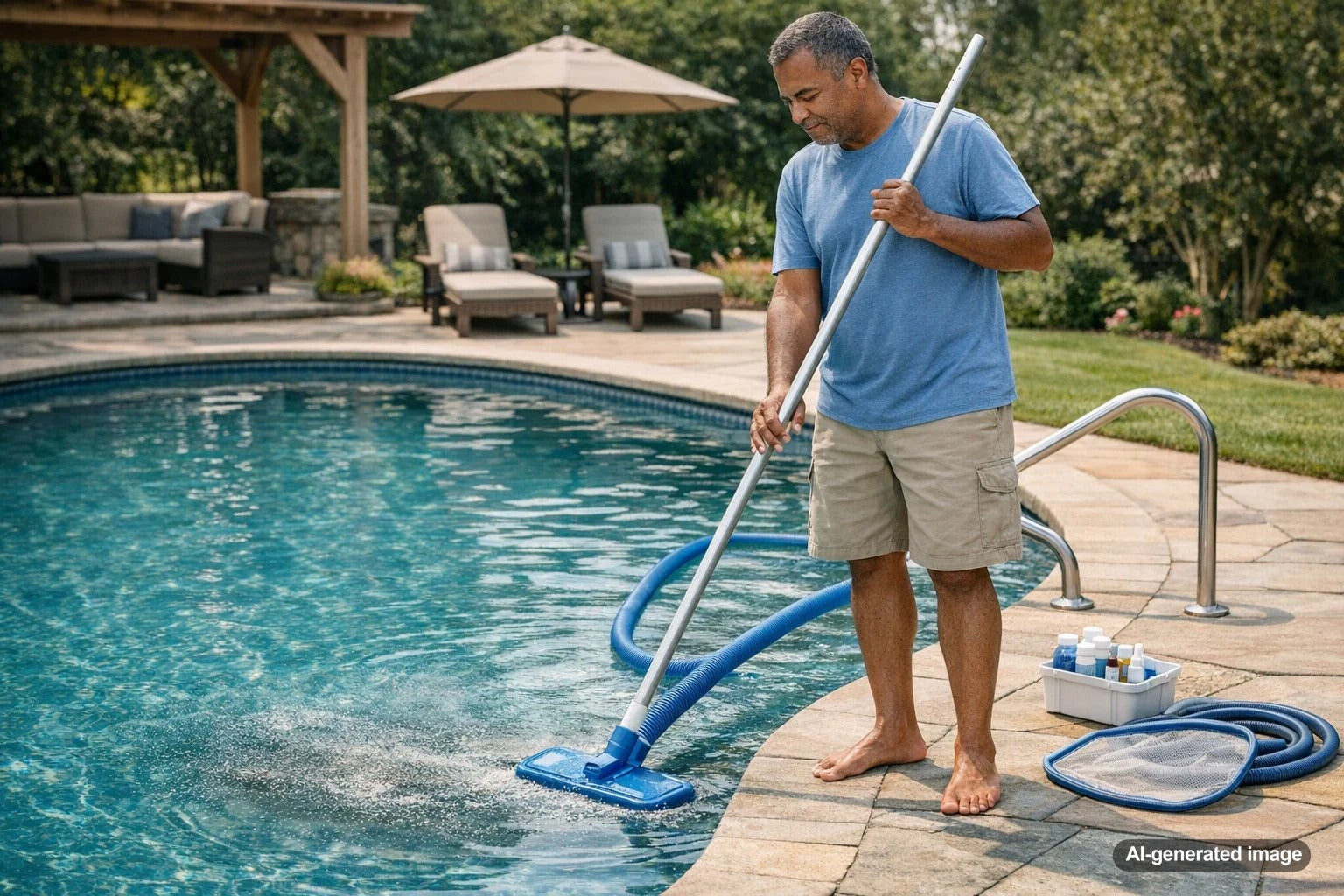 Fine dust and debris settling on the bottom of a backyard swimming pool