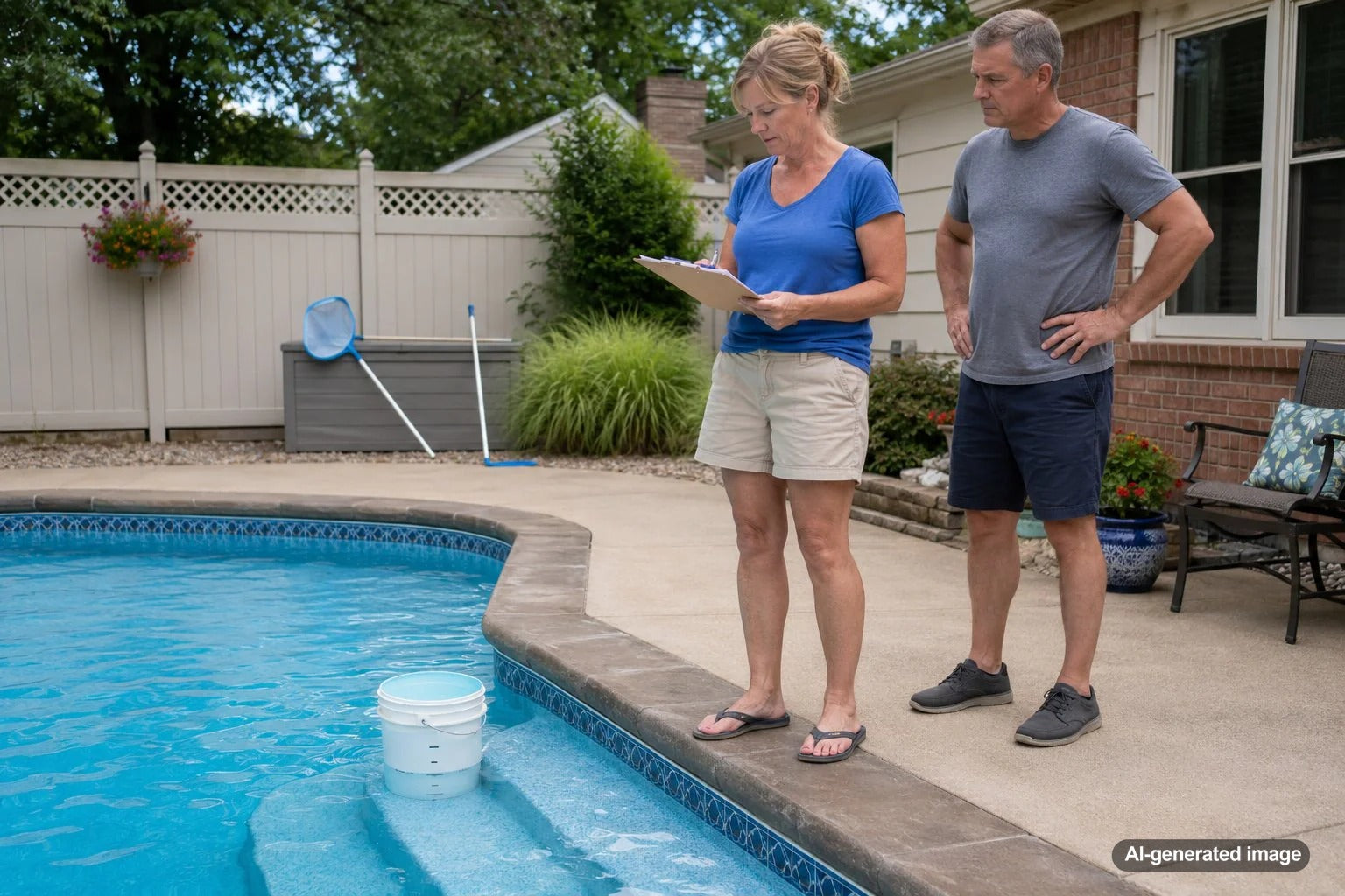 Homeowner measuring swimming pool water level to compare evaporation and possible pool water loss