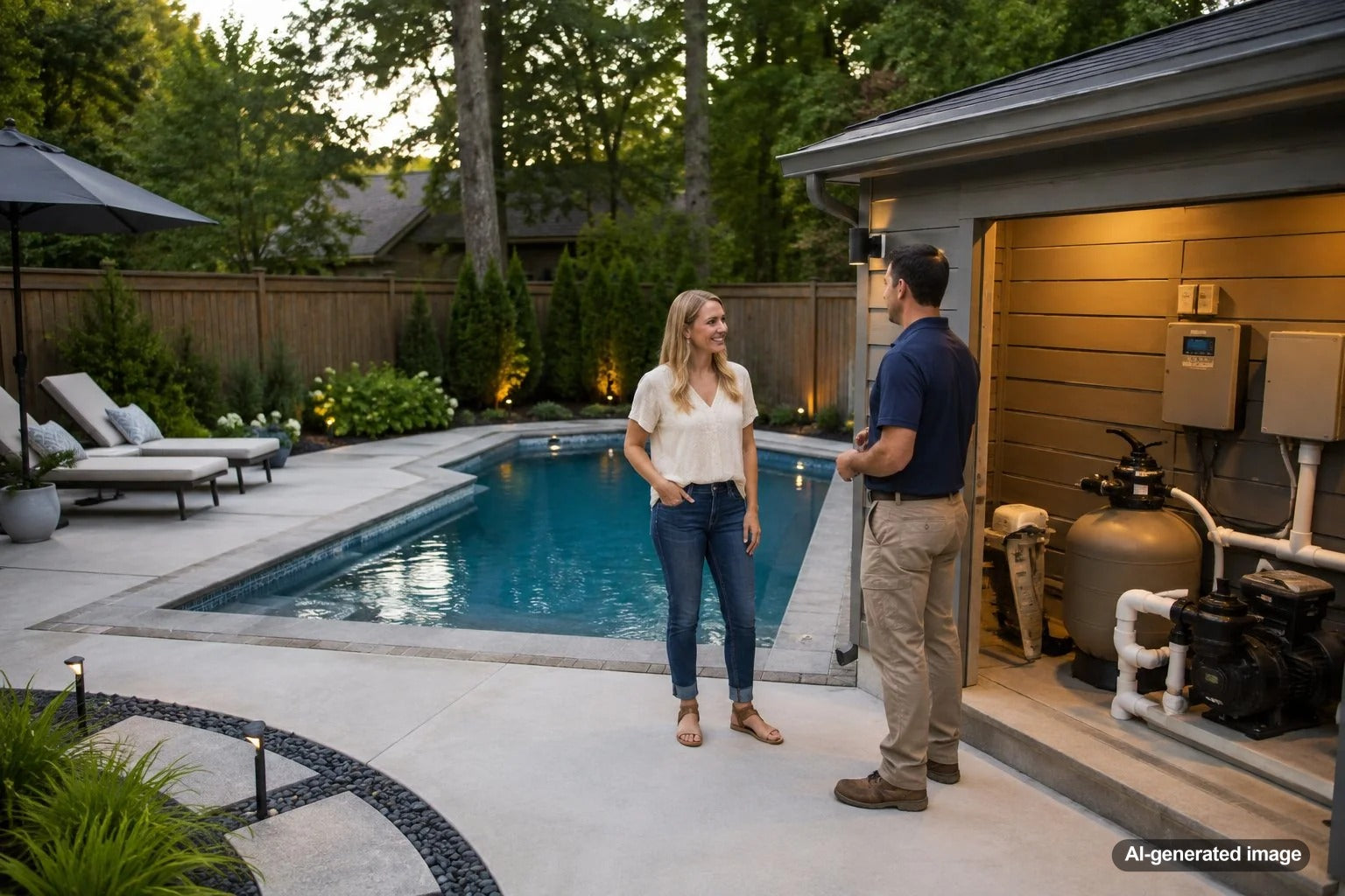 Modernized older backyard swimming pool with updated interior finish, waterline tile, coping, deck, and contemporary lighting