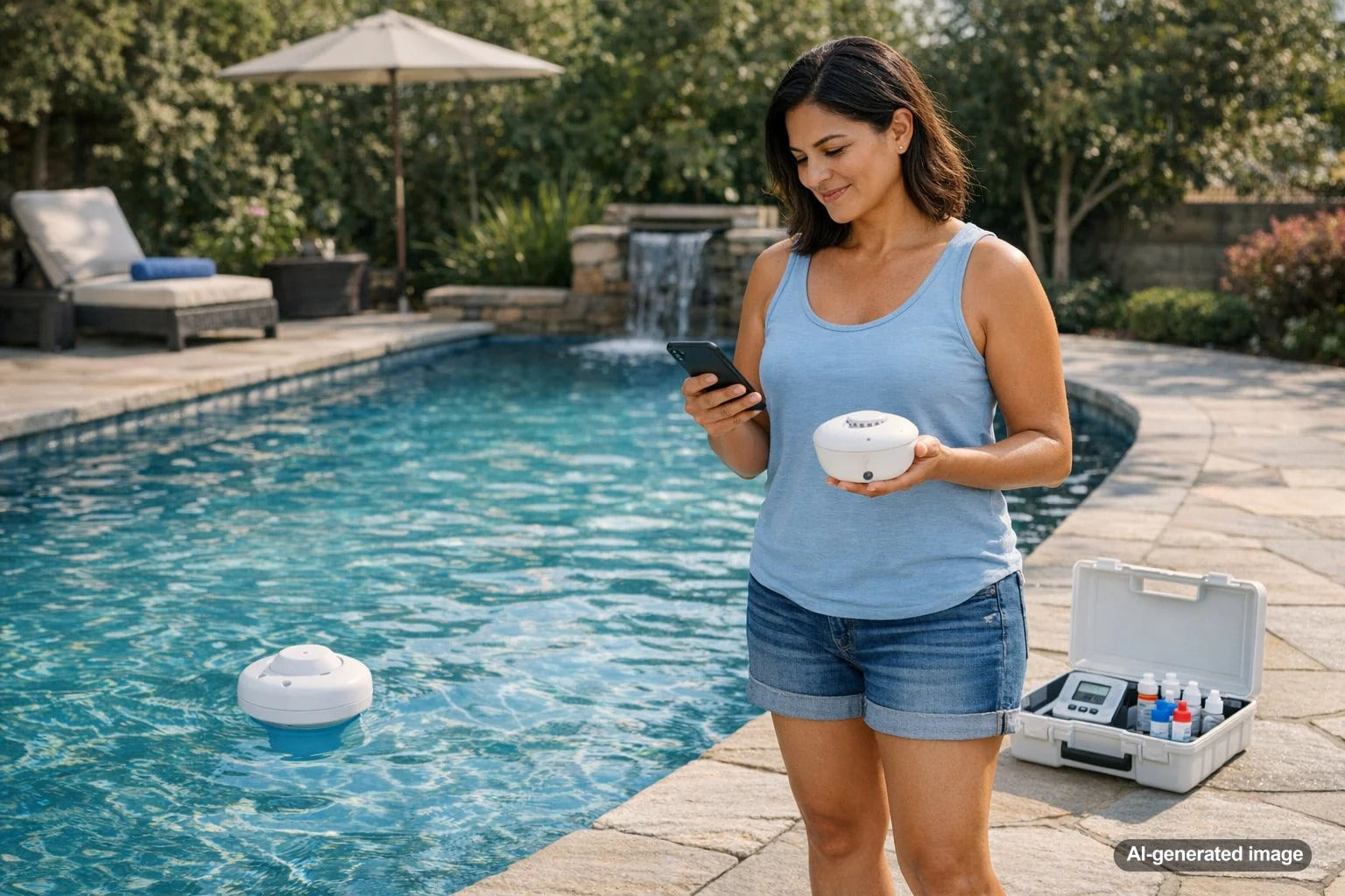 Pool owner monitoring pool chemistry remotely with a smart sensor and mobile app