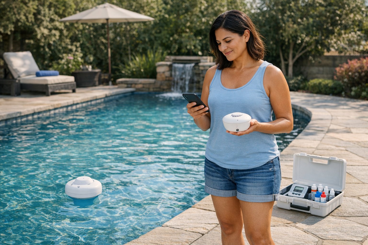 Pool owner monitoring pool chemistry remotely with a smart sensor and mobile app