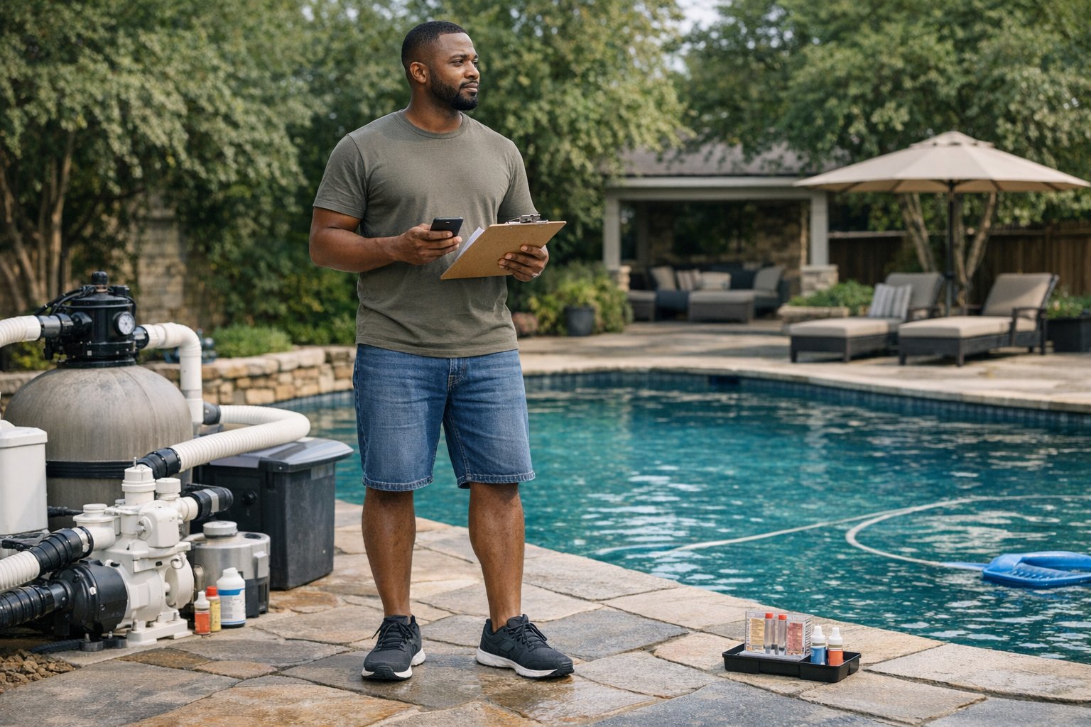 Homebuyer and seller discussing pool repairs during a home sale negotiation