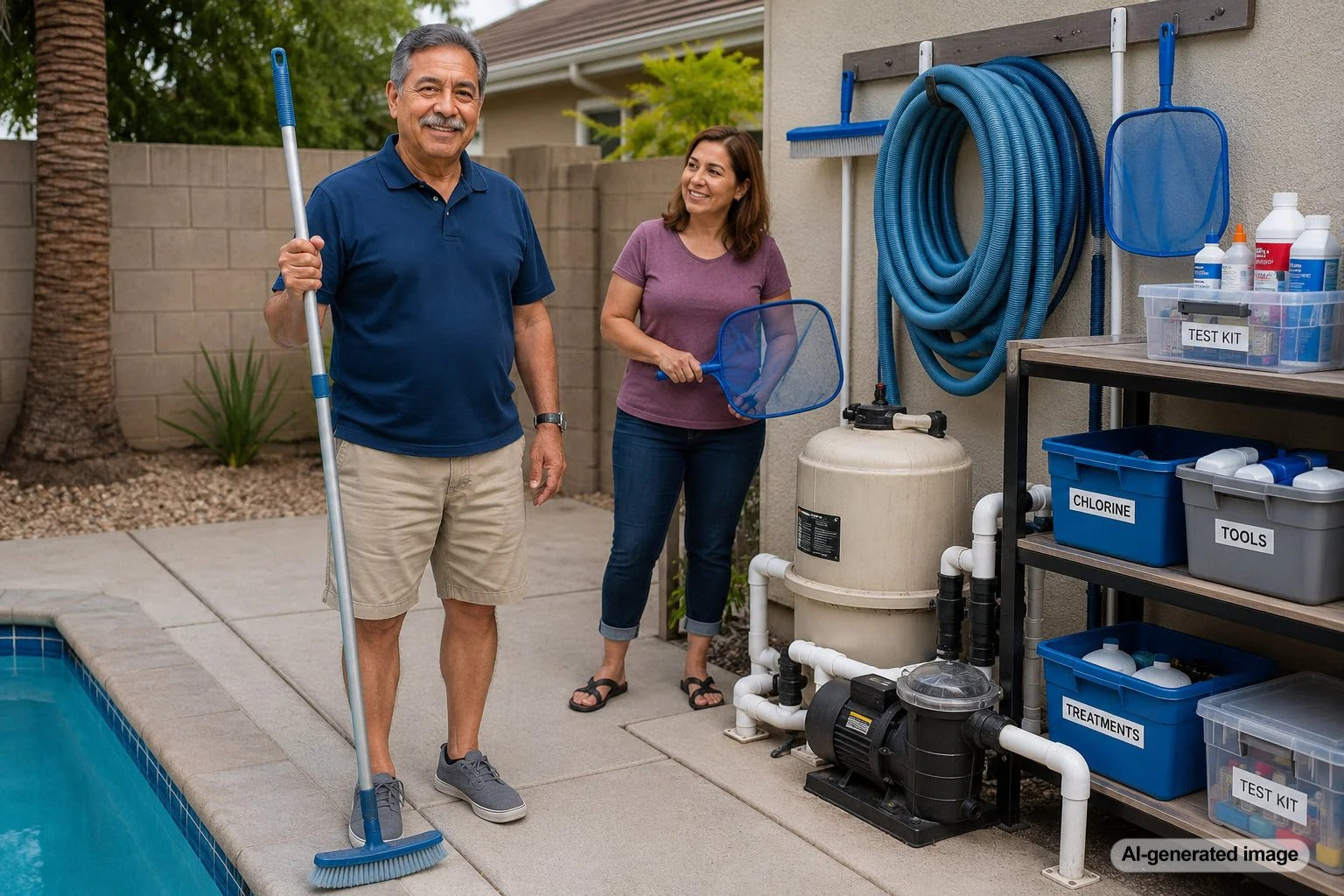 Organized pool equipment area with pump, filter, valves, and maintenance supplies arranged for easier pool care