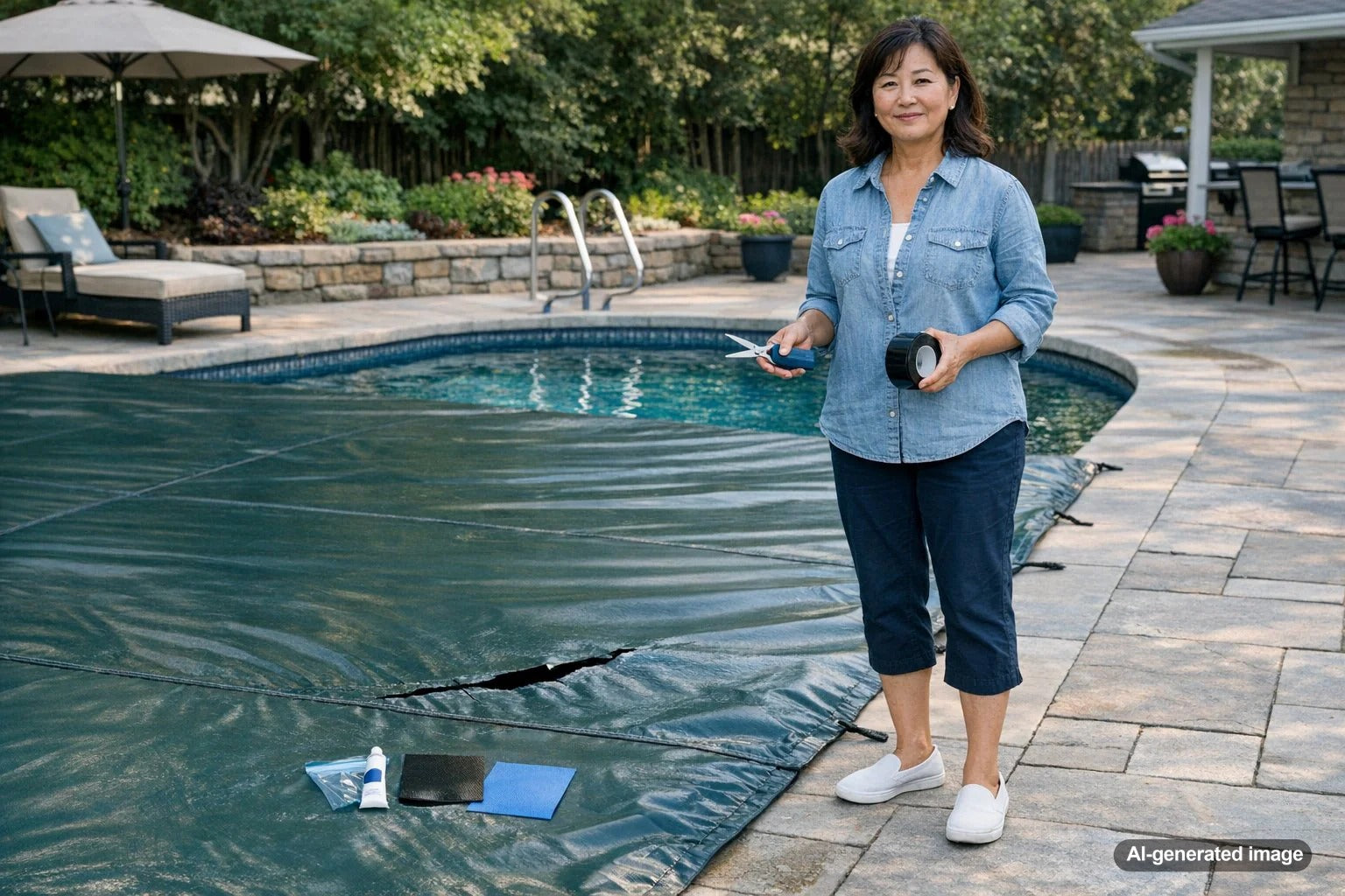 Pool cover patch repair guide showing how to fix small tears and damaged areas