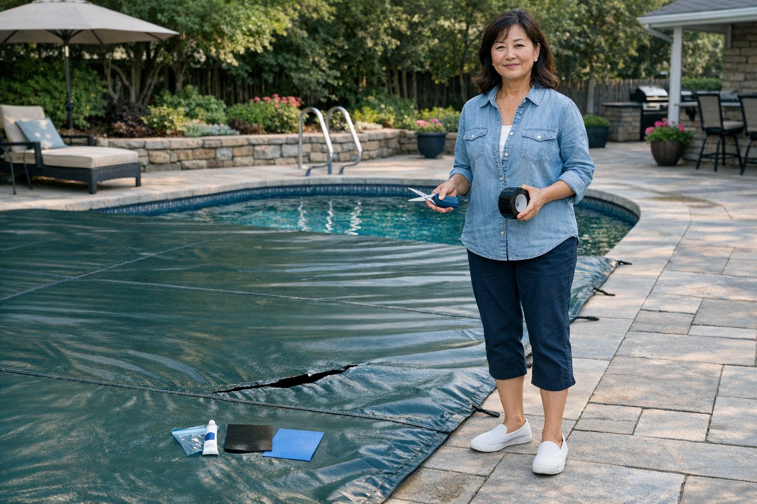 Pool cover patch repair guide showing how to fix small tears and damaged areas