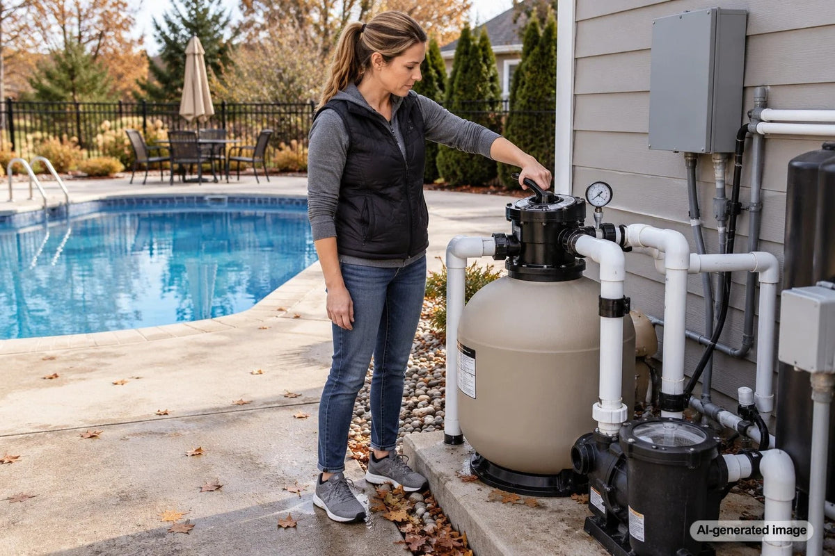 Pool multiport valve positioned for winter storage beside a residential swimming pool filter system