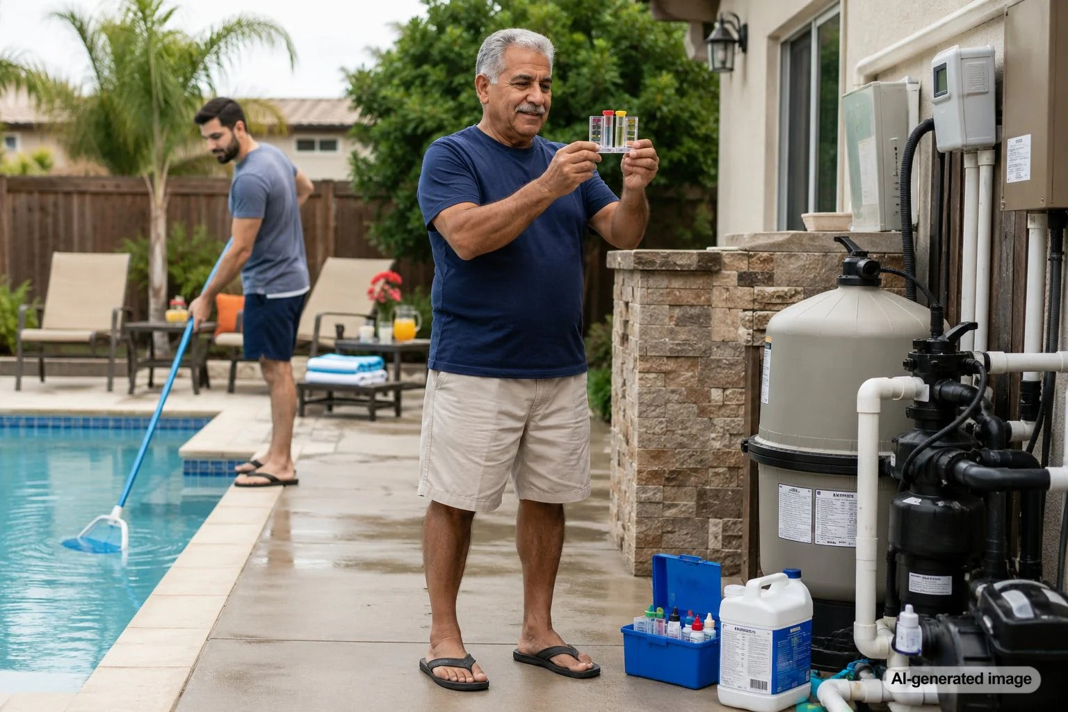Backyard swimming pool prepared for a weekend party with clean water, seating, and poolside essentials