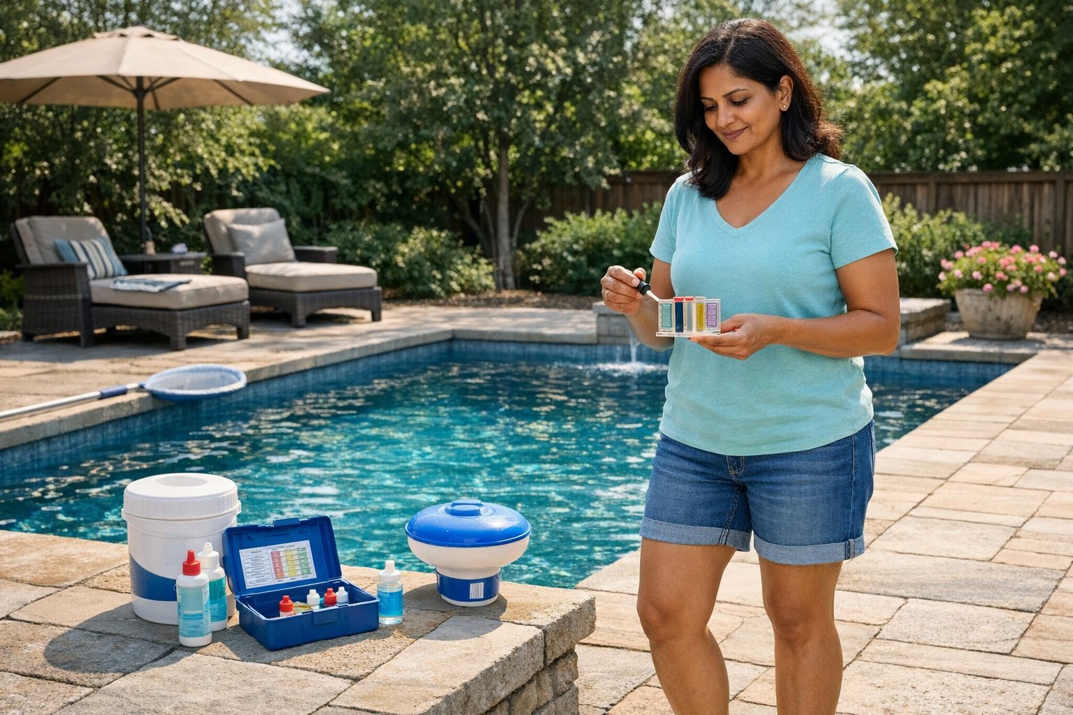 Backyard swimming pool prepared for vacation with clear water and clean deck