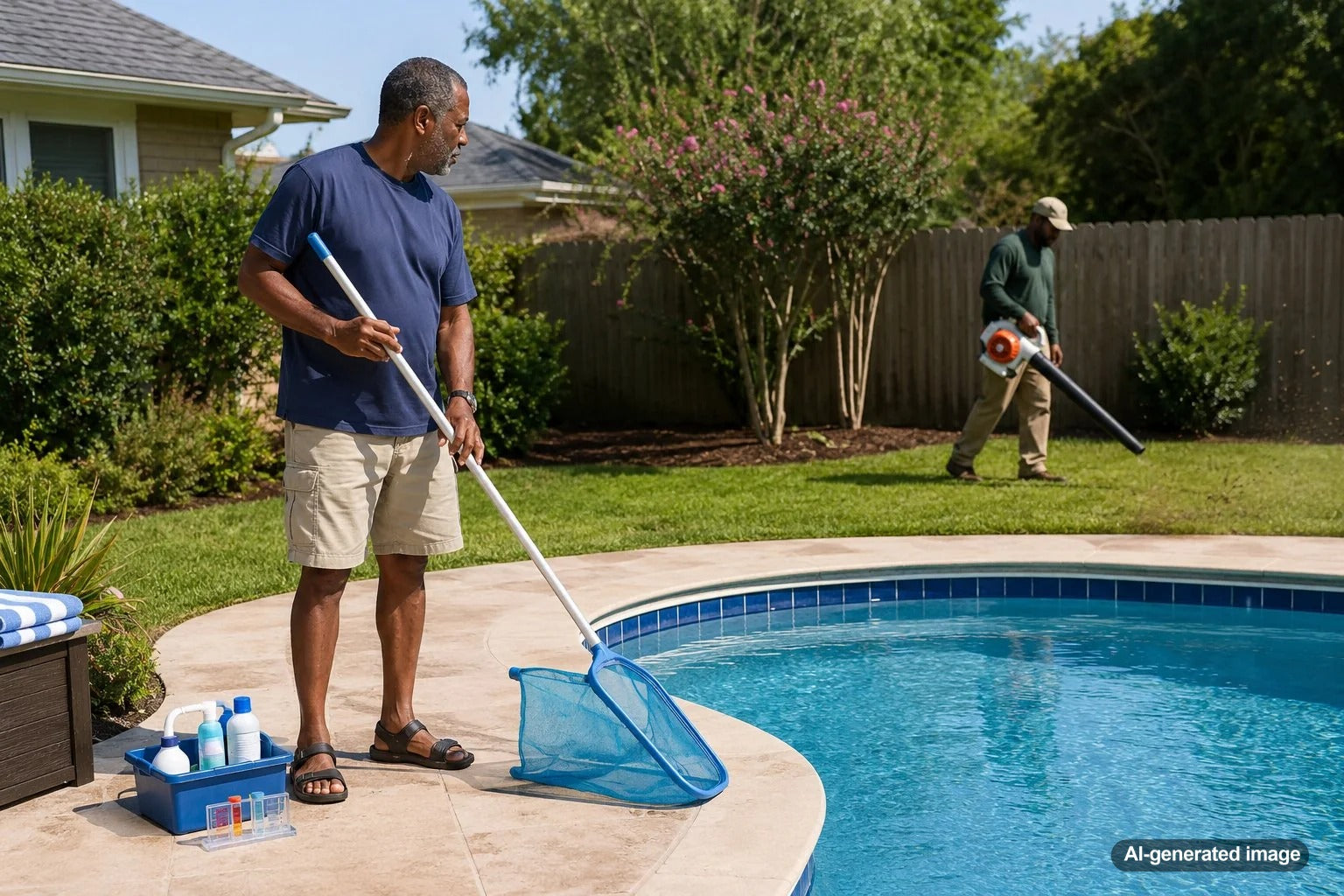 Homeowner directing lawn-care equipment away from a clean backyard swimming pool