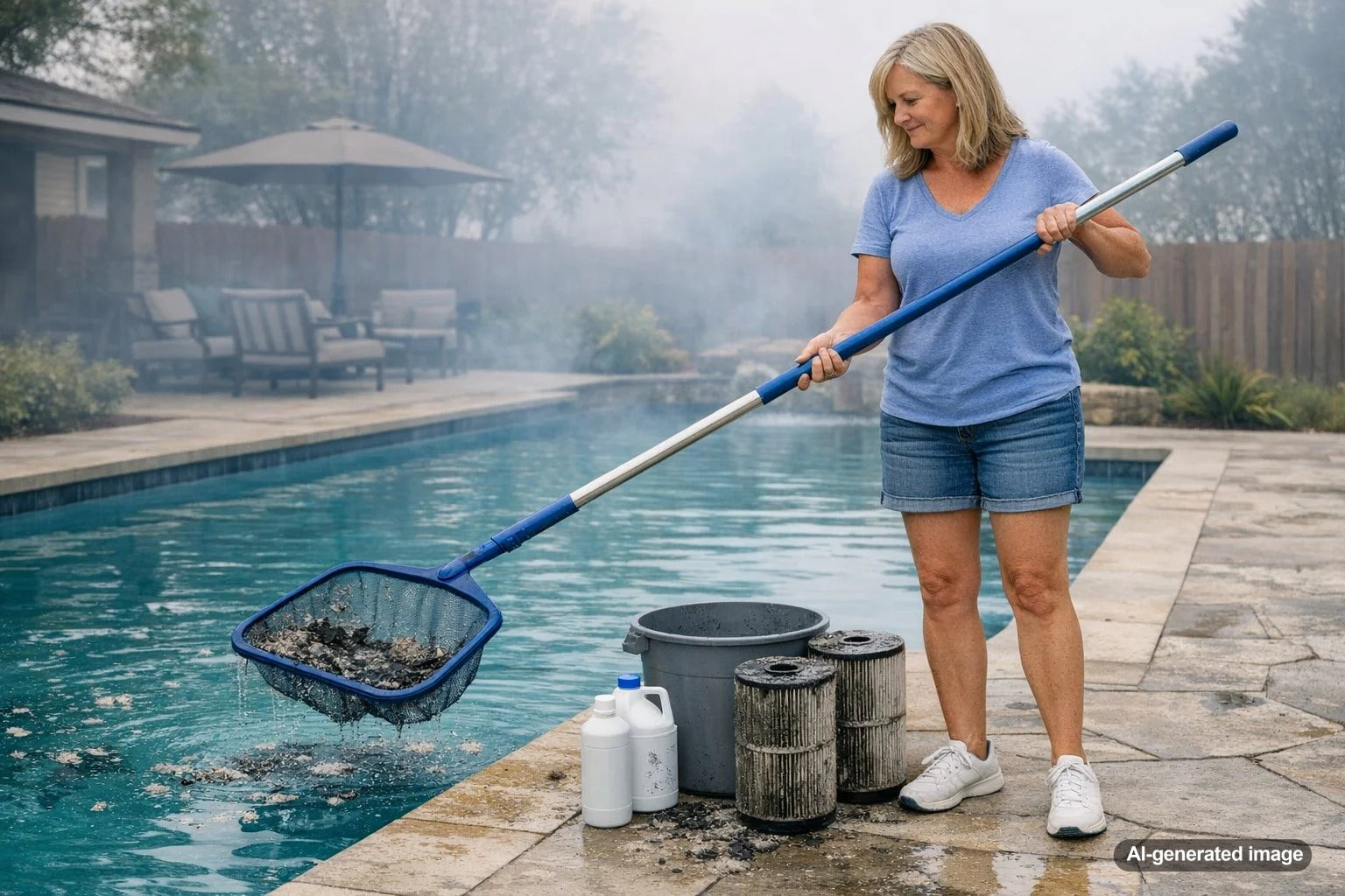 Backyard swimming pool with wildfire ash and smoke haze, showing the need for cleanup and water protection