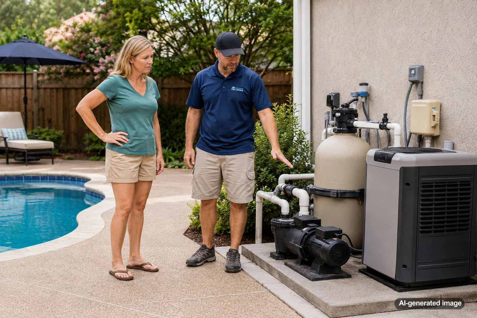 Quiet backyard pool equipment pad with pump, filter, heater, and plumbing beside a swimming pool