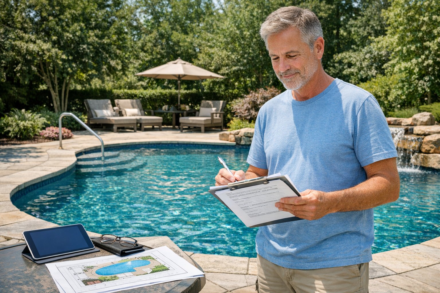 Homeowner reviewing a pool construction contract and plans before signing