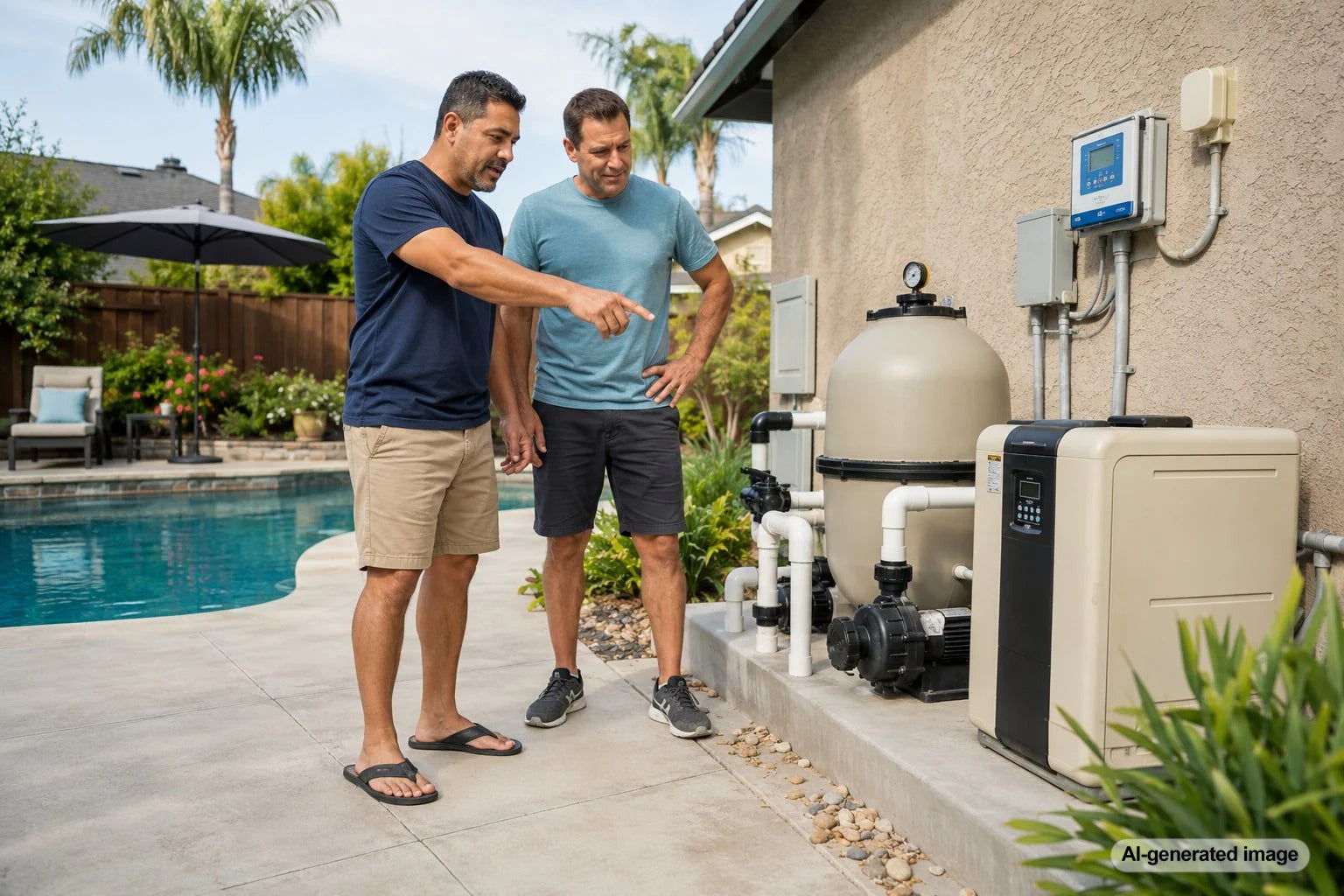 Homeowner learning how to identify pool equipment pad components including pump, filter, valves, heater, and pressure gauge