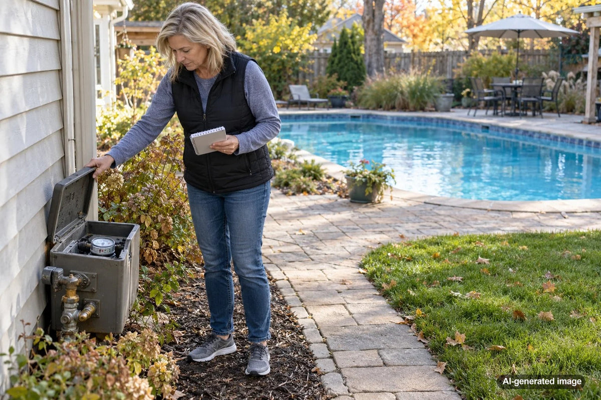 Homeowner checking a residential water meter while investigating possible pool water loss before winter
