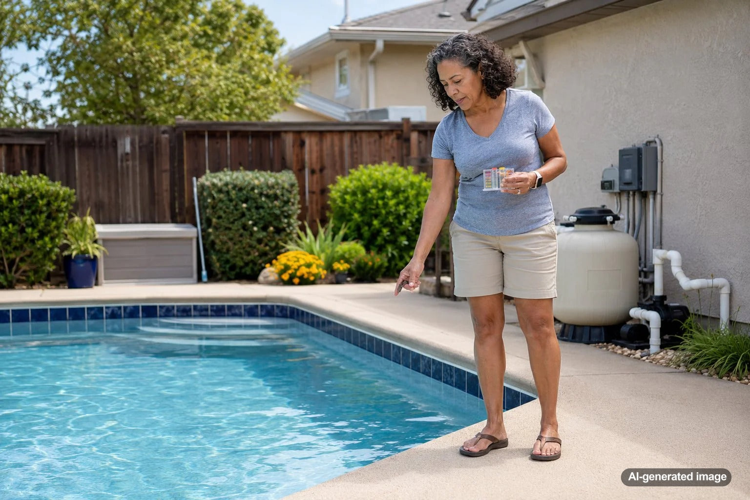 Pool owner looking at swimming pool water level while learning how to reduce pool water loss without using a cover every day