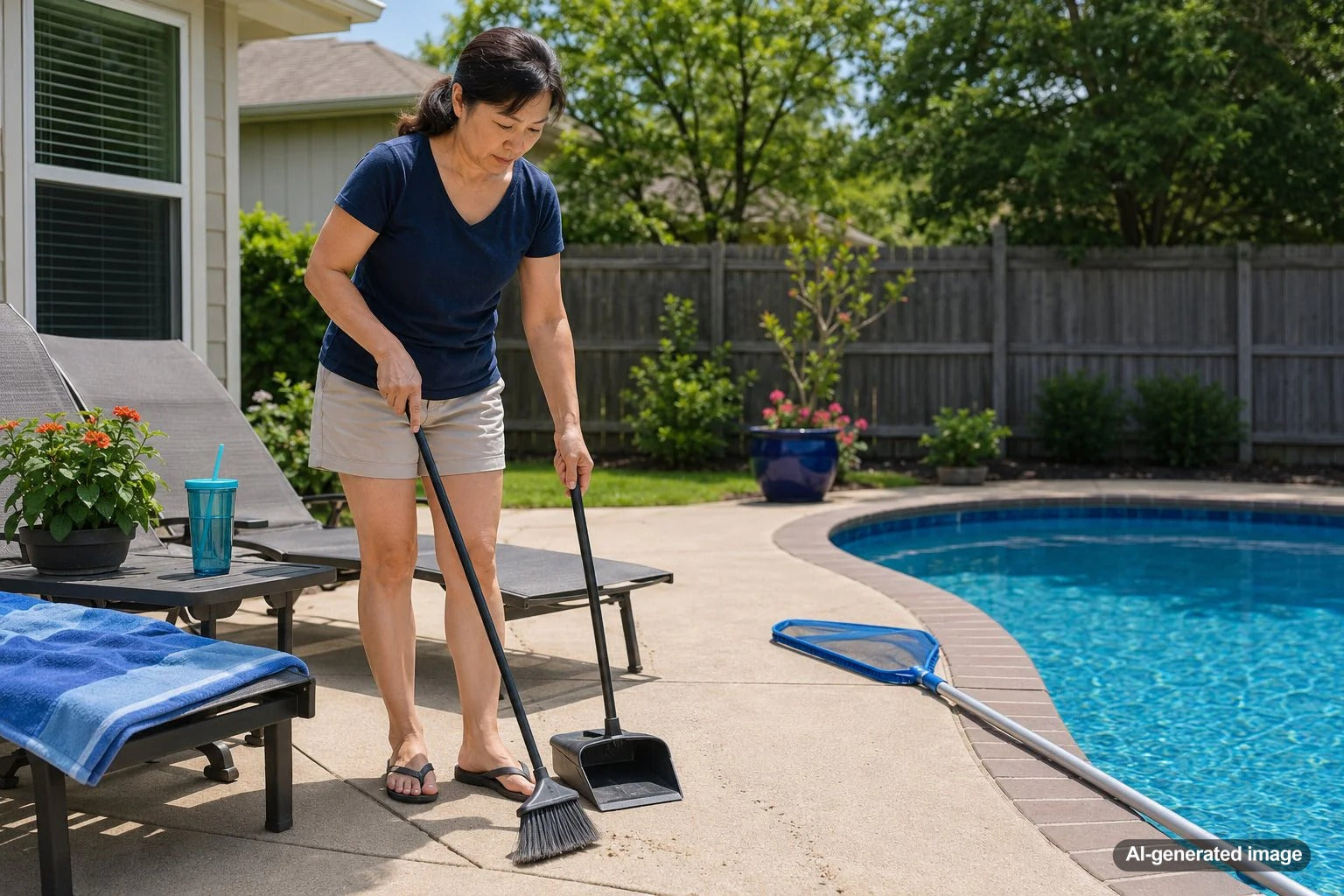 Poolside ant trail near a swimming pool deck with safe water-conscious pest control tips
