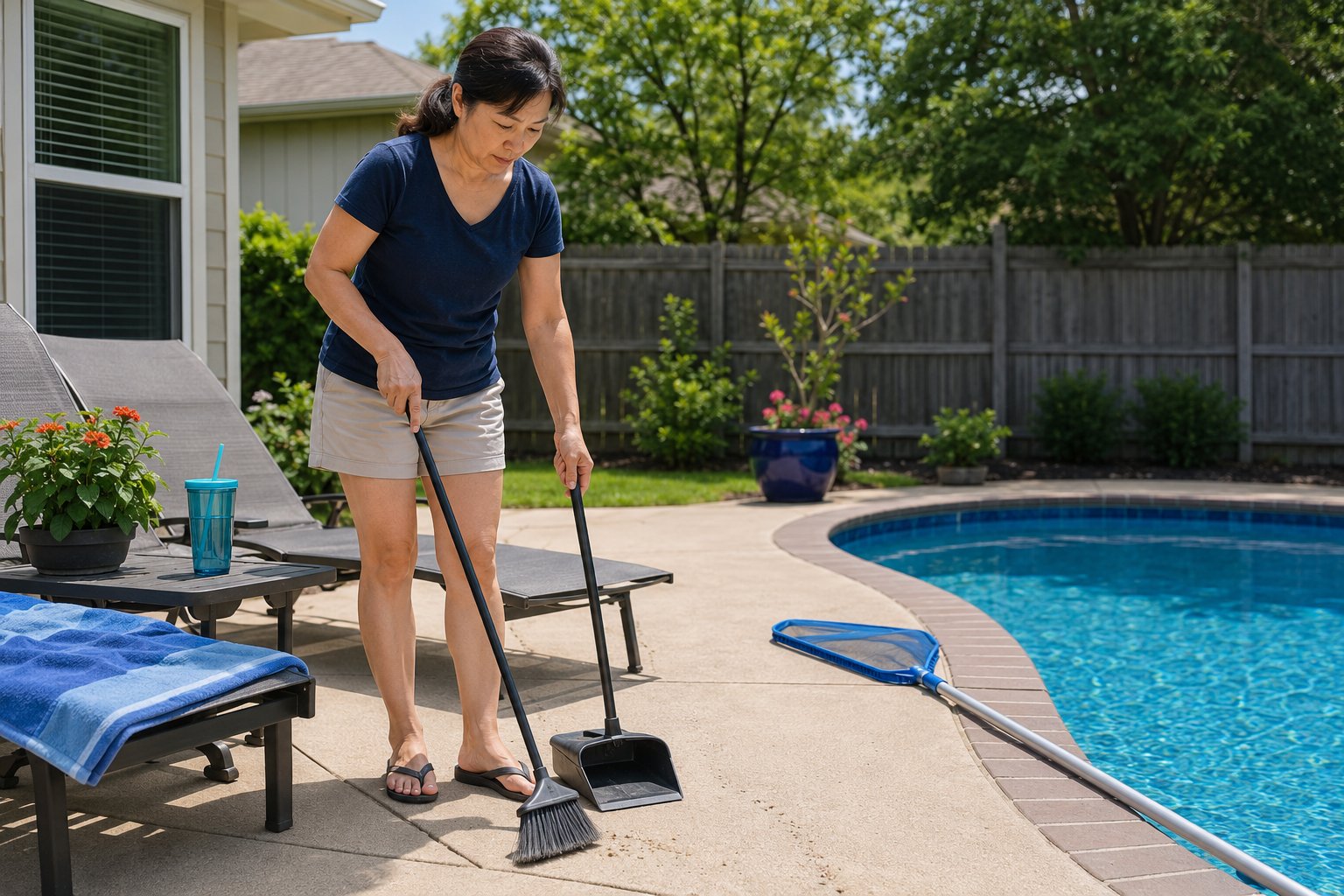 Poolside ant trail near a swimming pool deck with safe water-conscious pest control tips