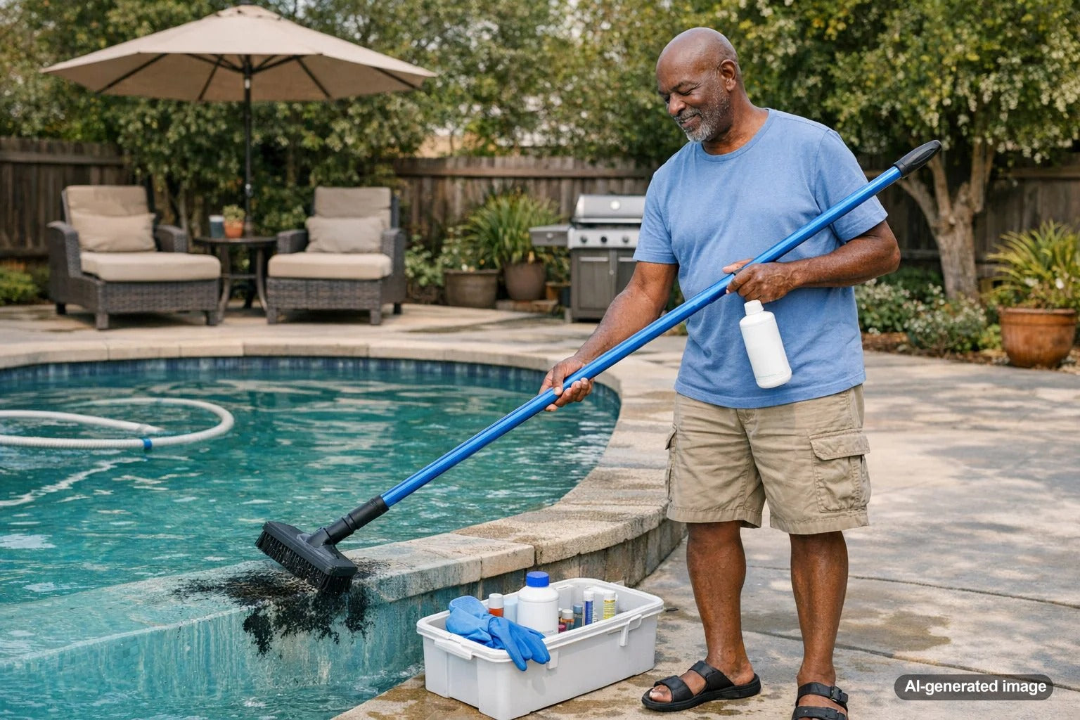 Black algae spots on a swimming pool surface during pool cleaning and treatment