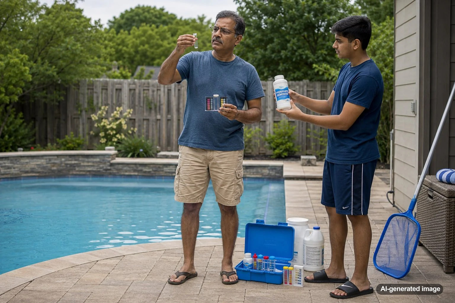 Pool water with phosphate problems being treated for clearer swimming pool maintenance