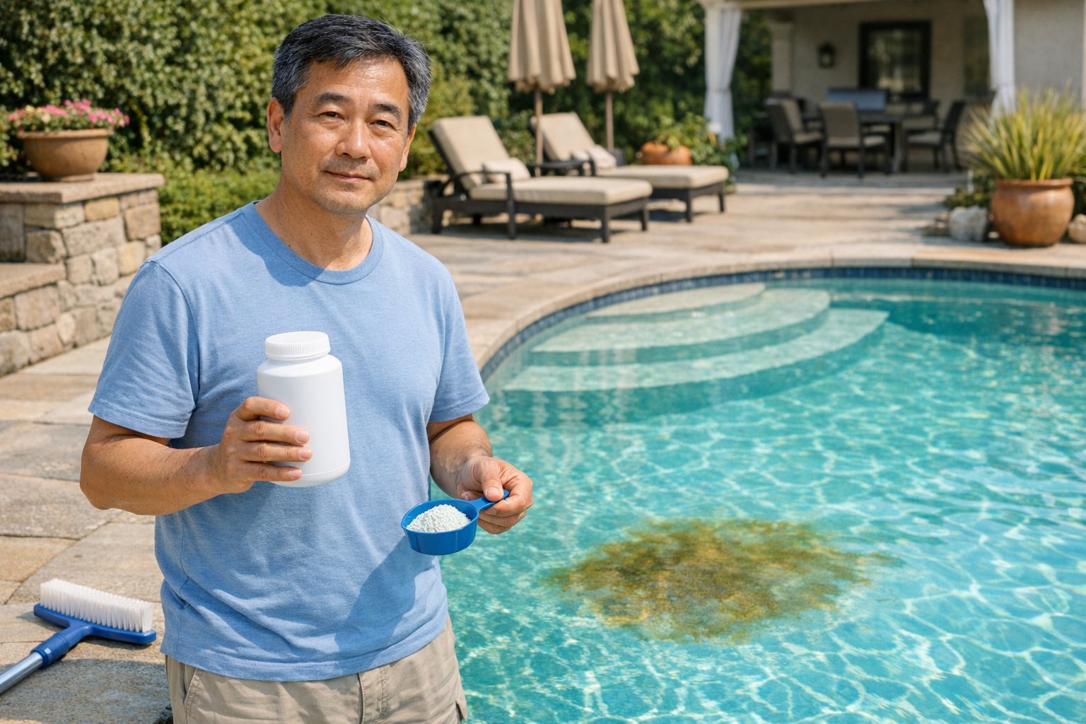Pool surface with visible copper staining and discoloration before cleaning
