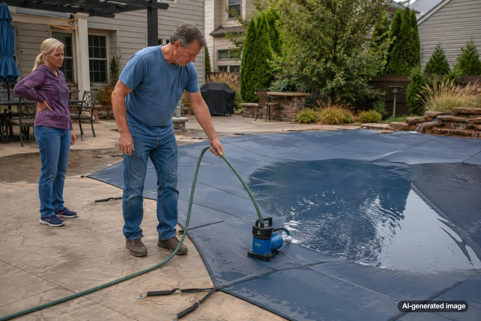 Pool cover with standing water being safely removed before pool opening