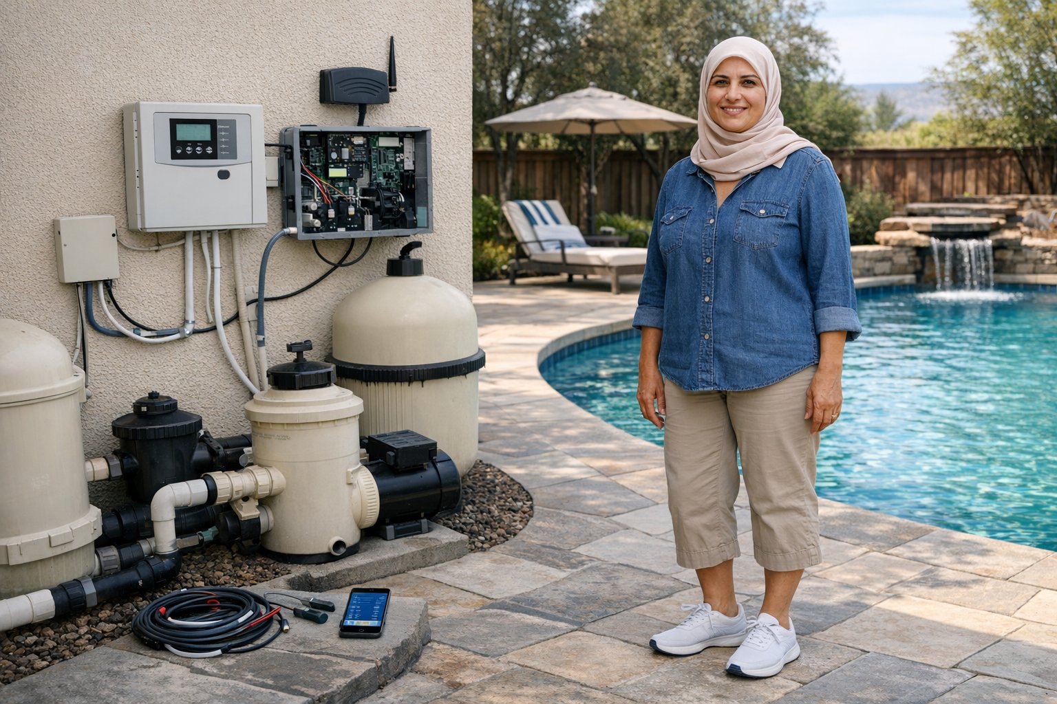 Older pool equipment pad upgraded with automation controls without major plumbing changes