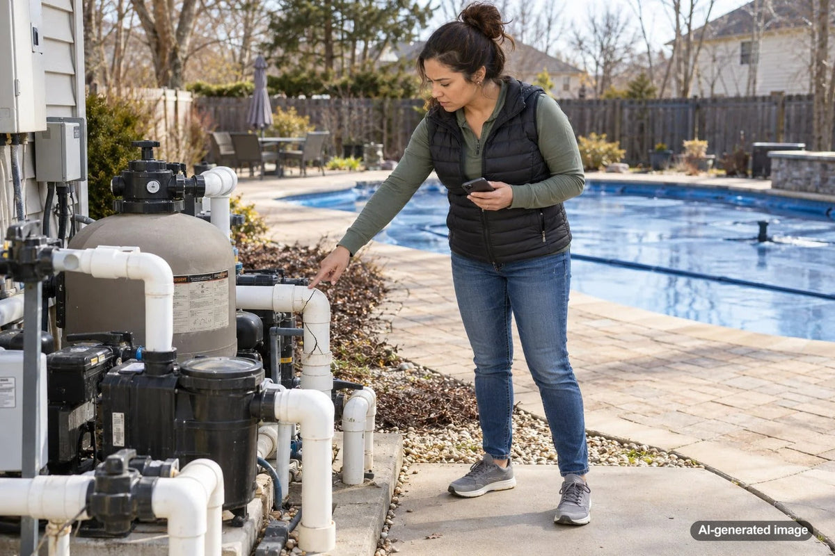 Pool owner inspecting outdoor pool equipment and plumbing for winter freeze damage before spring opening